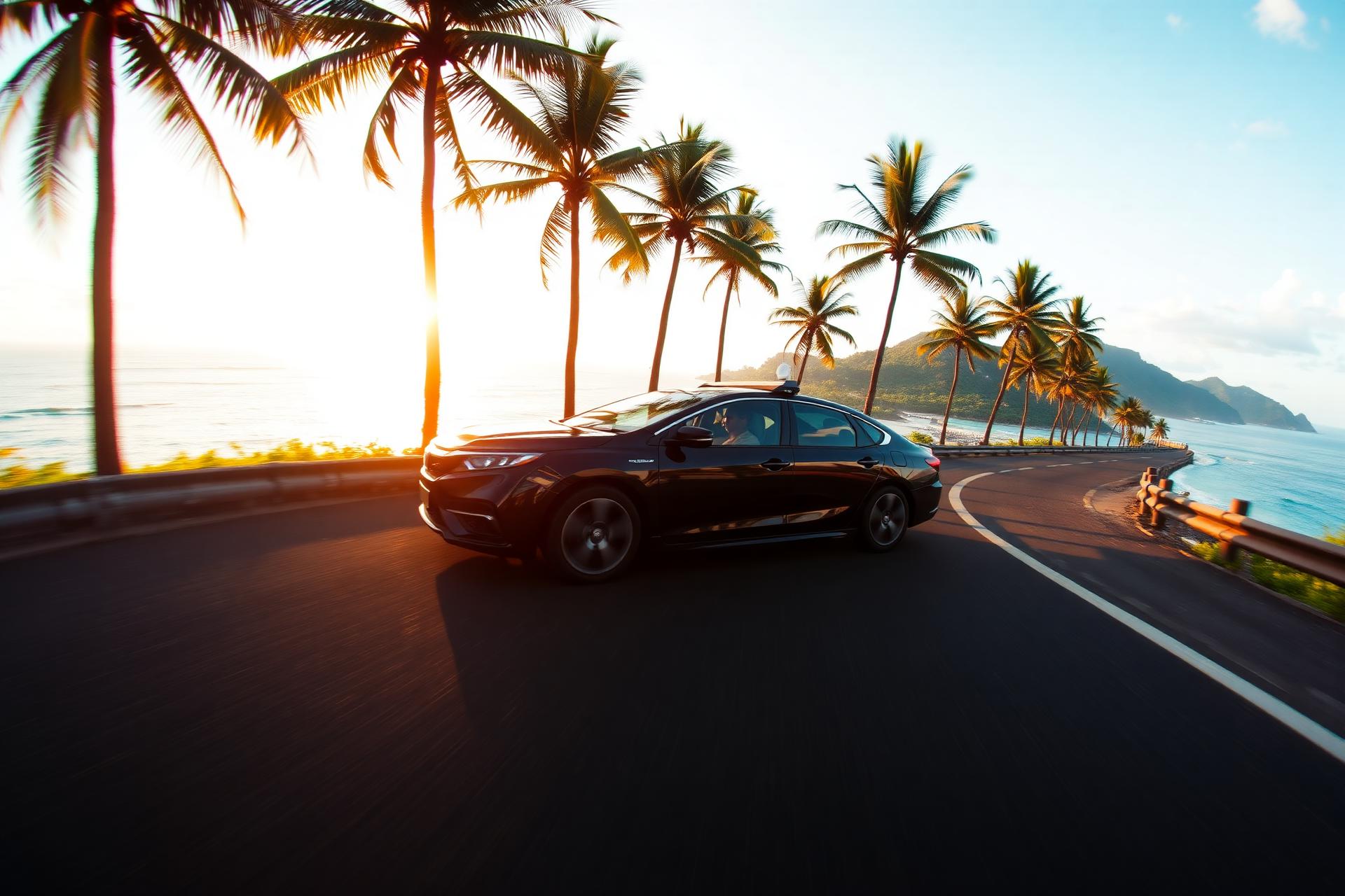 Premium taxi on Sri Lankan coastal road at sunset
